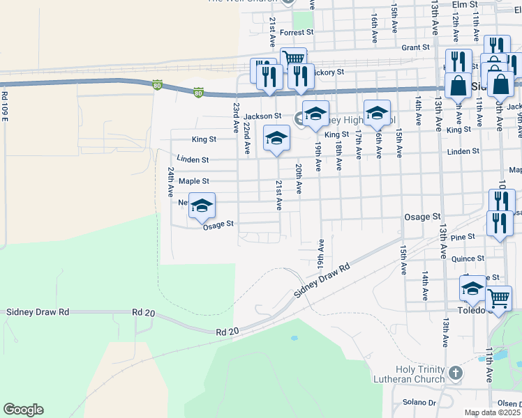 map of restaurants, bars, coffee shops, grocery stores, and more near 2201-2299 Newton Street in Sidney