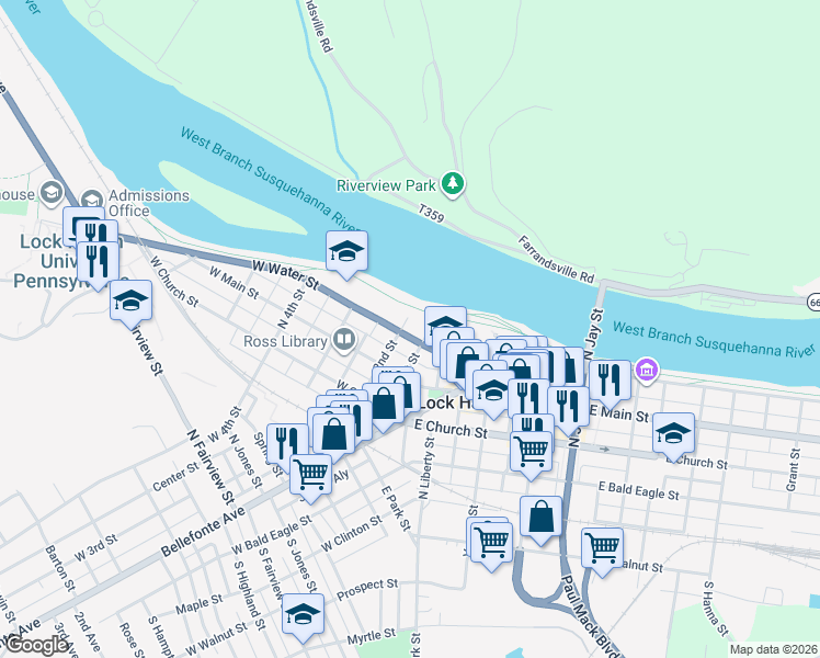 map of restaurants, bars, coffee shops, grocery stores, and more near 115 West Water Street in Lock Haven