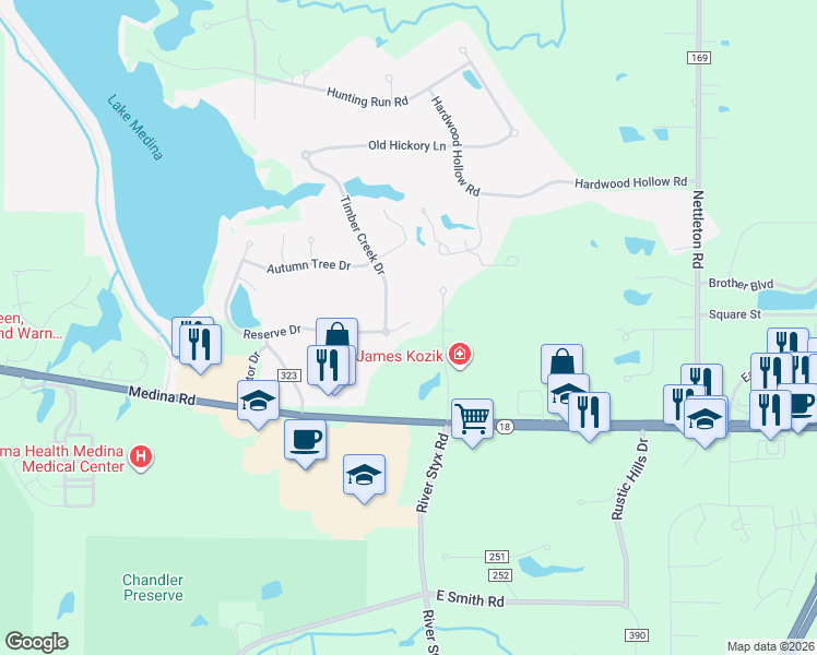 map of restaurants, bars, coffee shops, grocery stores, and more near 4985 Timber Creek Drive in Medina