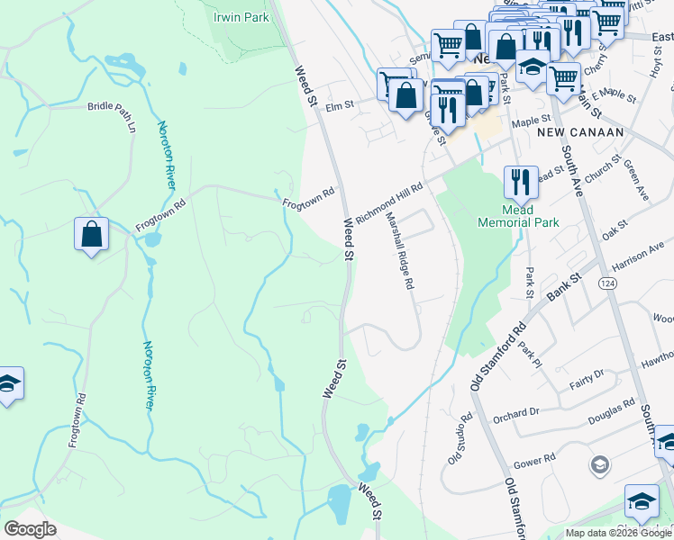 map of restaurants, bars, coffee shops, grocery stores, and more near 566 Weed Street in New Canaan