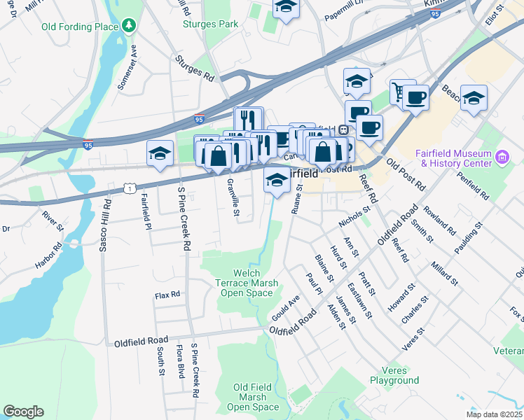 map of restaurants, bars, coffee shops, grocery stores, and more near 185 Thorpe Street in Fairfield