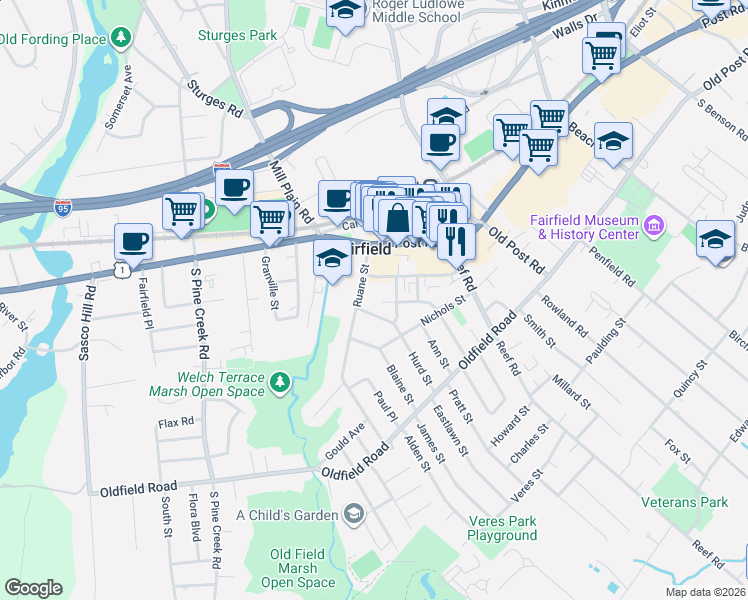 map of restaurants, bars, coffee shops, grocery stores, and more near 119 Sherman Court in Fairfield
