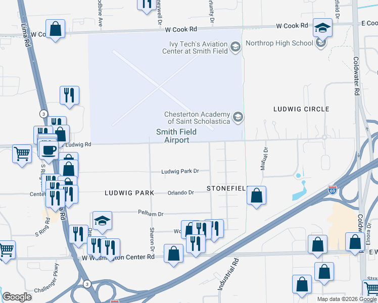 map of restaurants, bars, coffee shops, grocery stores, and more near 813 West Ludwig Road in Fort Wayne