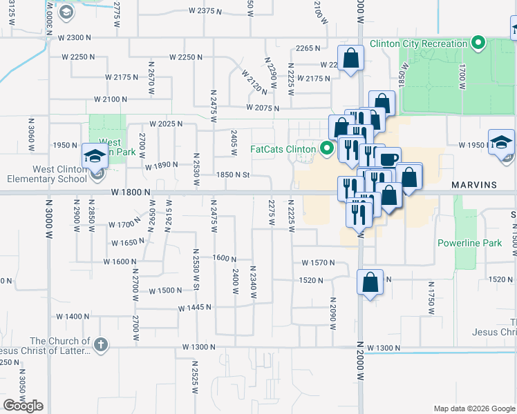 map of restaurants, bars, coffee shops, grocery stores, and more near 1742 North 2340 West in Clinton