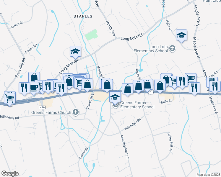 map of restaurants, bars, coffee shops, grocery stores, and more near 1111 Post Rd E in Westport