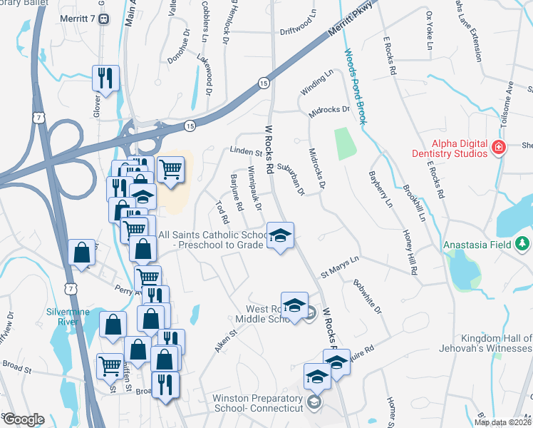 map of restaurants, bars, coffee shops, grocery stores, and more near 19 Winnipauk Drive in Norwalk