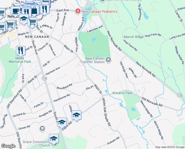 map of restaurants, bars, coffee shops, grocery stores, and more near 35 Down River Road in New Canaan