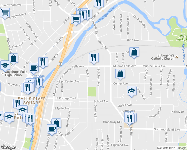 map of restaurants, bars, coffee shops, grocery stores, and more near 2332 High Street in Cuyahoga Falls