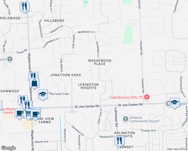 map of restaurants, bars, coffee shops, grocery stores, and more near Burlington Ave in Fort Wayne