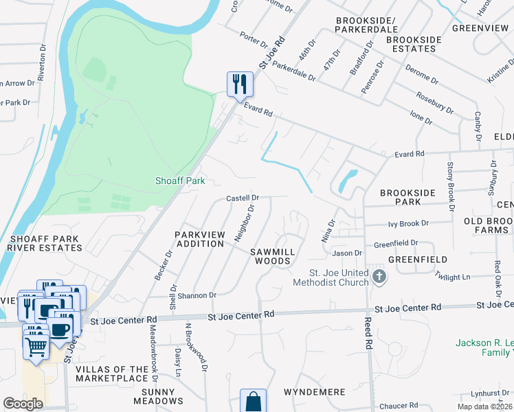 map of restaurants, bars, coffee shops, grocery stores, and more near 6317 Neighbor Dr in Fort Wayne