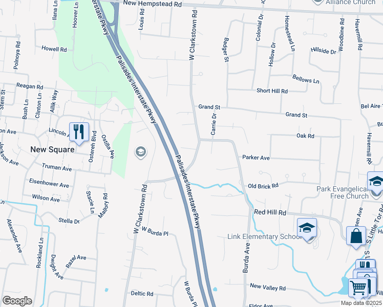 map of restaurants, bars, coffee shops, grocery stores, and more near 130 West Clarkstown Road in New City