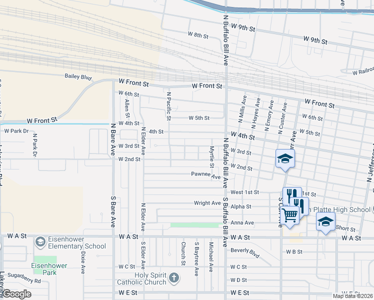 map of restaurants, bars, coffee shops, grocery stores, and more near Atlantic St in North Platte