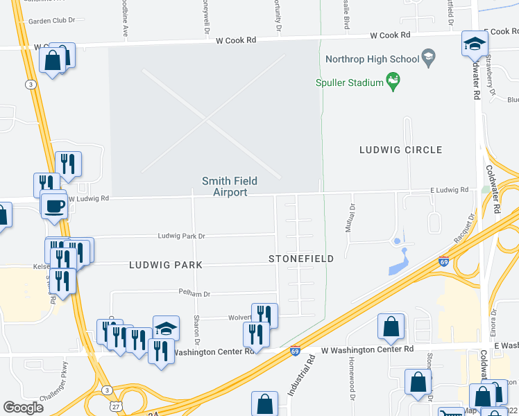 map of restaurants, bars, coffee shops, grocery stores, and more near 813 West Ludwig Road in Fort Wayne