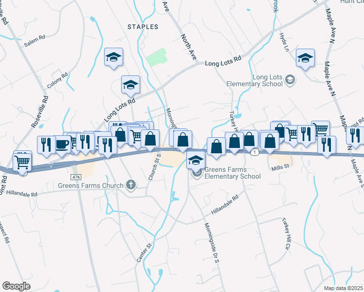 map of restaurants, bars, coffee shops, grocery stores, and more near 1111 Post Road East in Westport