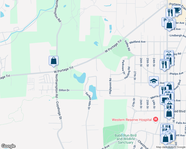 map of restaurants, bars, coffee shops, grocery stores, and more near 445 Marian Lake Boulevard in Cuyahoga Falls