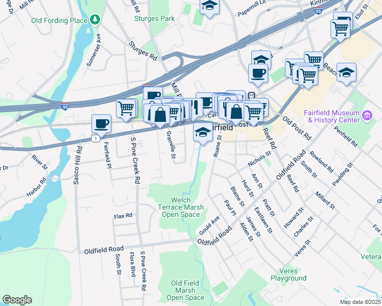map of restaurants, bars, coffee shops, grocery stores, and more near 185 Thorpe Street in Fairfield