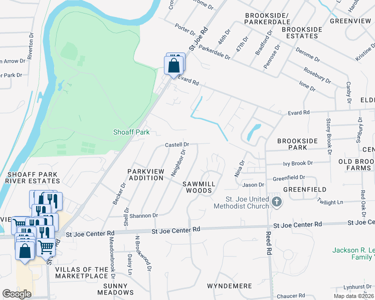 map of restaurants, bars, coffee shops, grocery stores, and more near 6317 Neighbor Dr in Fort Wayne