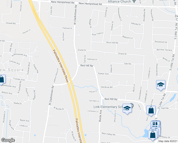 map of restaurants, bars, coffee shops, grocery stores, and more near 201 Red Hill Road in New City