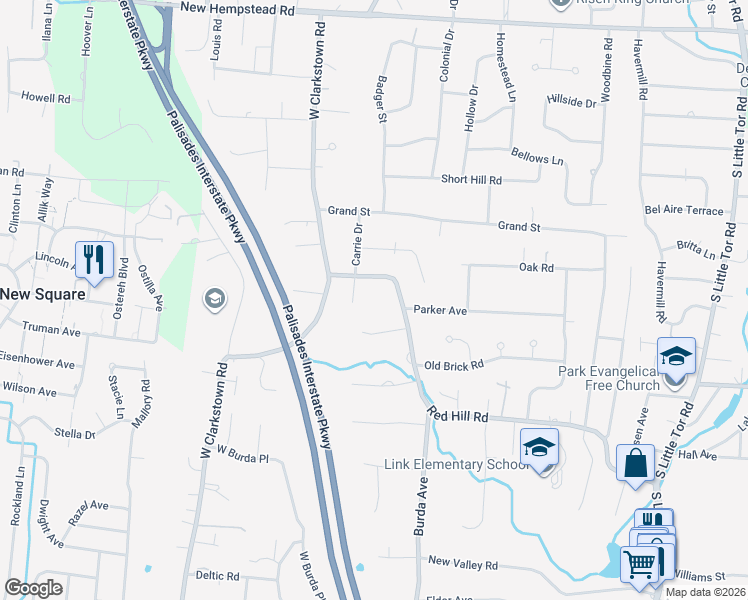map of restaurants, bars, coffee shops, grocery stores, and more near 201 Red Hill Road in New City