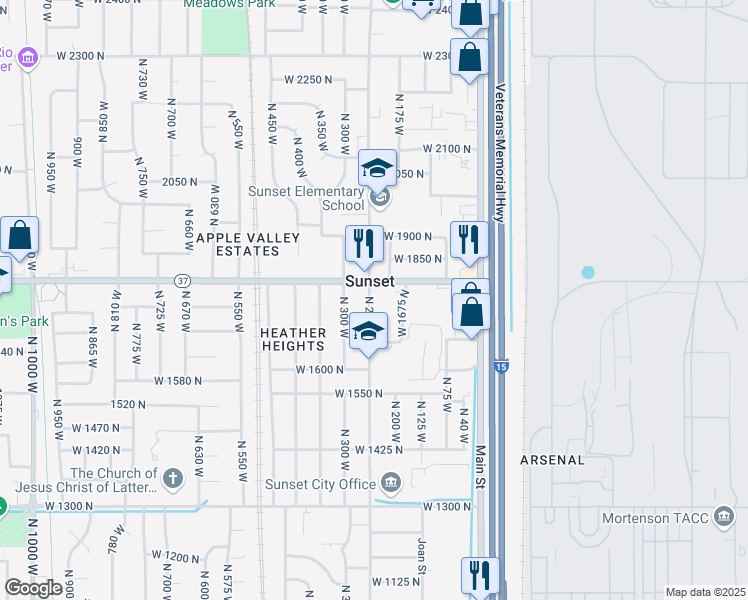 map of restaurants, bars, coffee shops, grocery stores, and more near 1756 North 250 West in Sunset