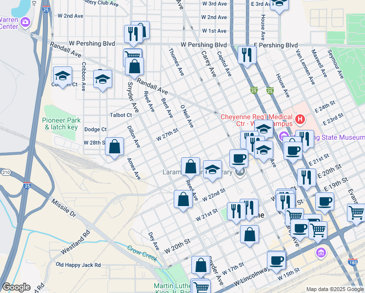 map of restaurants, bars, coffee shops, grocery stores, and more near 2522 Bent Avenue in Cheyenne