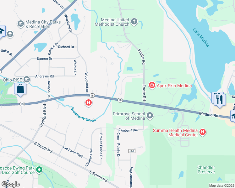 map of restaurants, bars, coffee shops, grocery stores, and more near 22 Grandview Lane in Medina