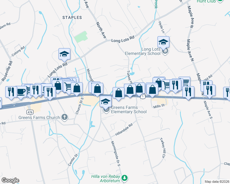 map of restaurants, bars, coffee shops, grocery stores, and more near 1175 Post Road East in Westport