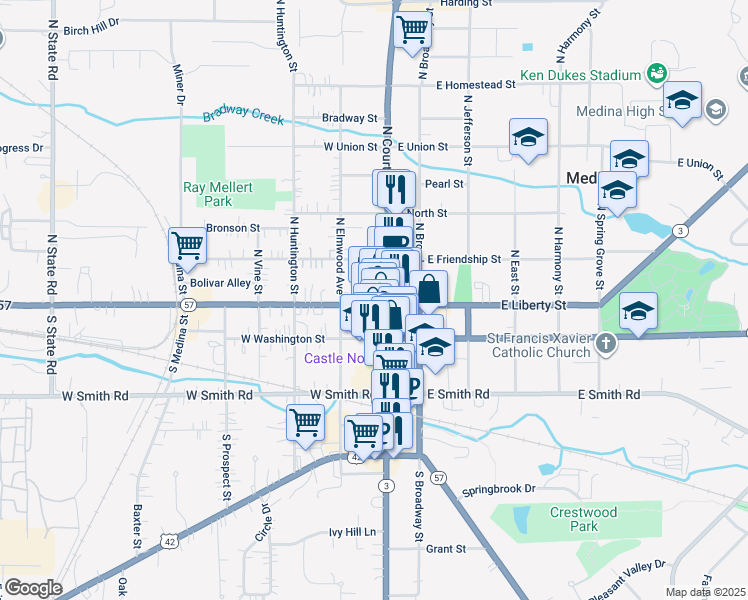 map of restaurants, bars, coffee shops, grocery stores, and more near 2 Public Square in Medina