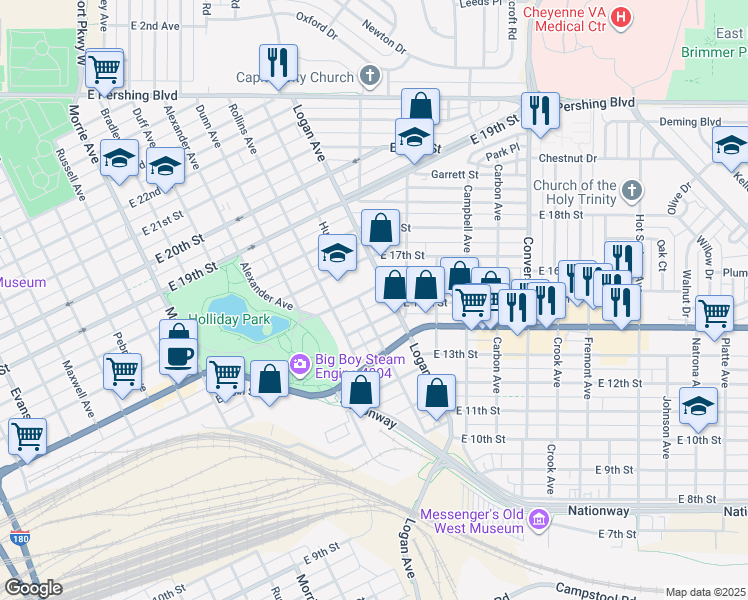 map of restaurants, bars, coffee shops, grocery stores, and more near 1502 Logan Avenue in Cheyenne
