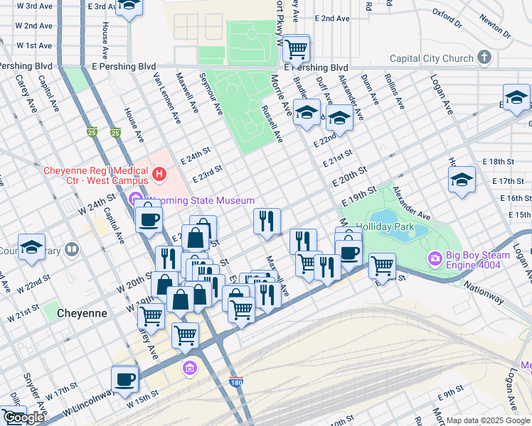 map of restaurants, bars, coffee shops, grocery stores, and more near 1915 Seymour Avenue in Cheyenne