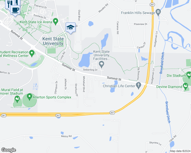 map of restaurants, bars, coffee shops, grocery stores, and more near 208 Hickory Mills Circle in Kent