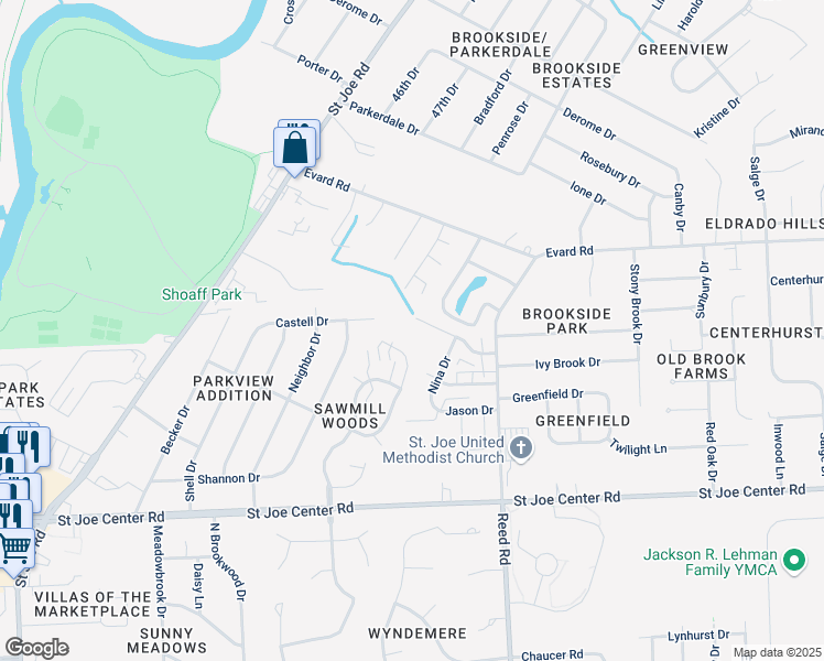 map of restaurants, bars, coffee shops, grocery stores, and more near 4430 Elsdale Drive in Fort Wayne