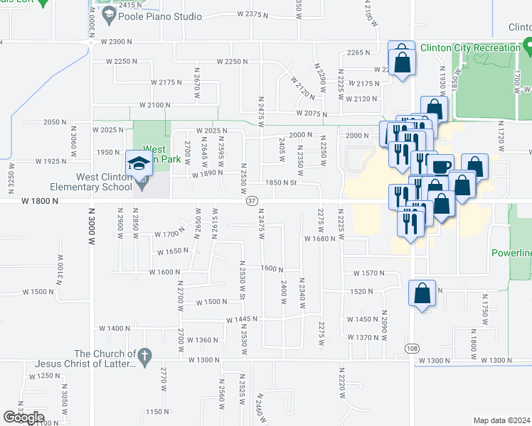 map of restaurants, bars, coffee shops, grocery stores, and more near 1766 North 2475 West in Clinton