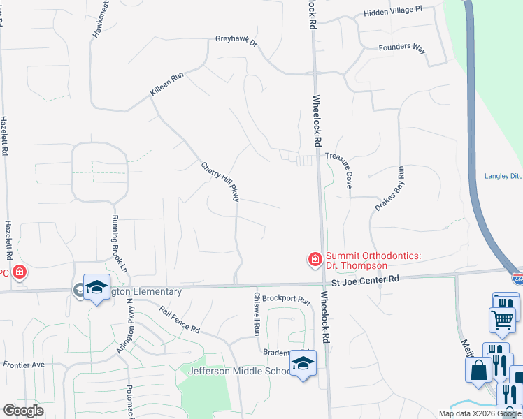 map of restaurants, bars, coffee shops, grocery stores, and more near 8910 Connemarro Court in Fort Wayne