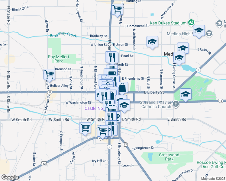 map of restaurants, bars, coffee shops, grocery stores, and more near 119 Public Square in Medina
