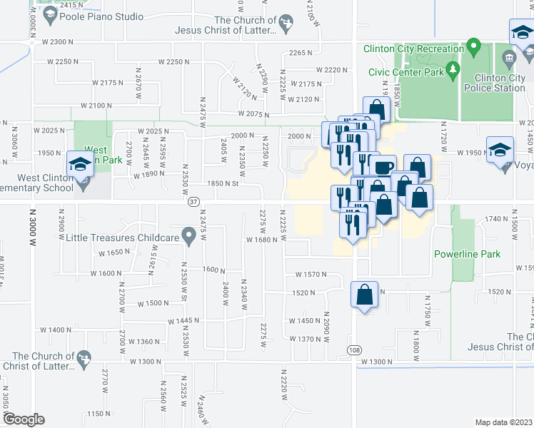 map of restaurants, bars, coffee shops, grocery stores, and more near 1766 North 2275 West in Clinton