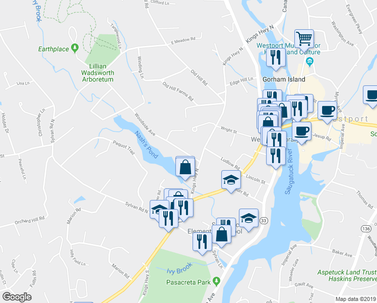 map of restaurants, bars, coffee shops, grocery stores, and more near 8 Woodside Avenue in Westport