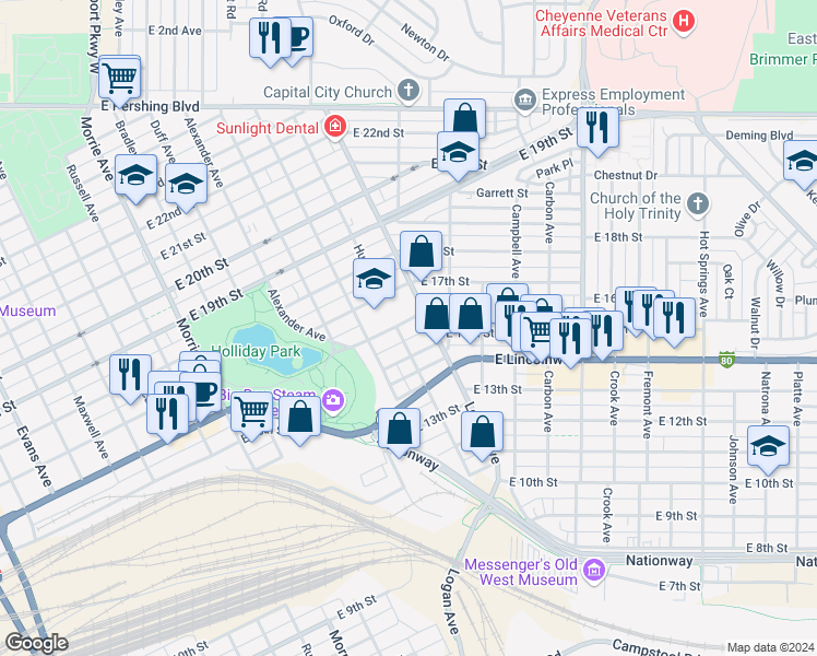 map of restaurants, bars, coffee shops, grocery stores, and more near 1517 East 16th Street in Cheyenne