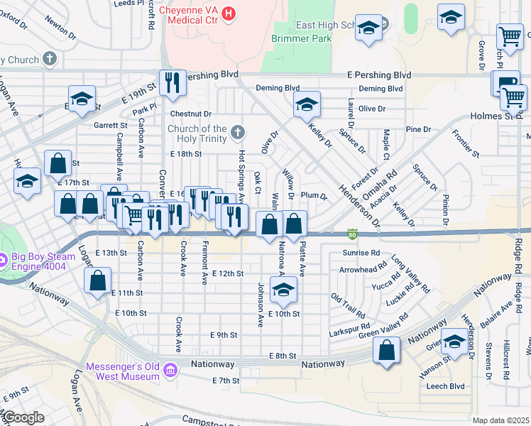 map of restaurants, bars, coffee shops, grocery stores, and more near 2612 East Lincolnway in Cheyenne