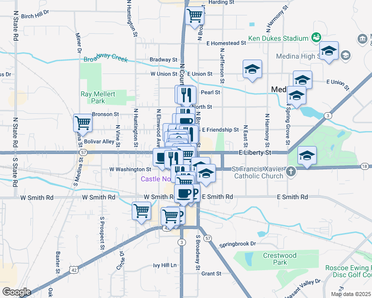 map of restaurants, bars, coffee shops, grocery stores, and more near 119 Public Square in Medina