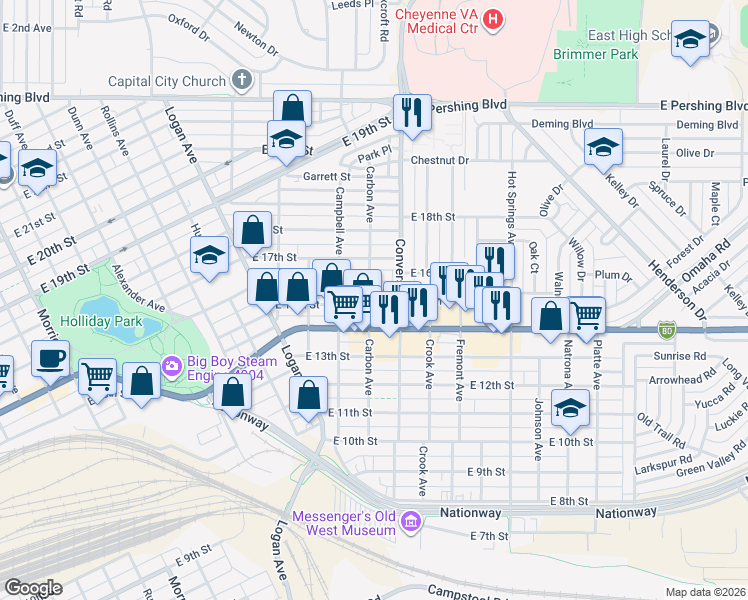 map of restaurants, bars, coffee shops, grocery stores, and more near 1418 Carbon Avenue in Cheyenne
