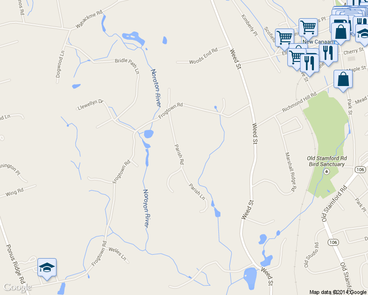 map of restaurants, bars, coffee shops, grocery stores, and more near 82 Parish Road in New Canaan