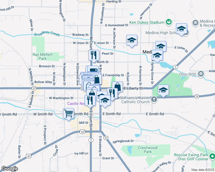 map of restaurants, bars, coffee shops, grocery stores, and more near 236 East Liberty Street in Medina