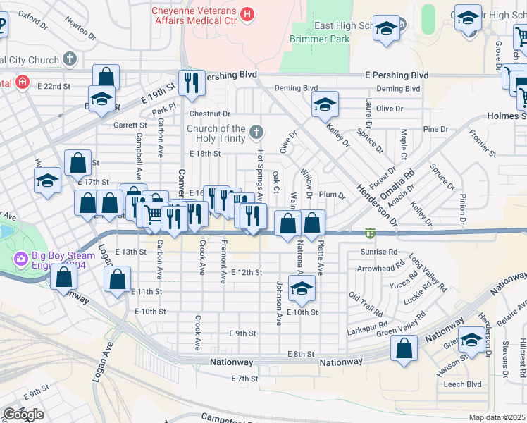 map of restaurants, bars, coffee shops, grocery stores, and more near 2530 East Lincolnway in Cheyenne