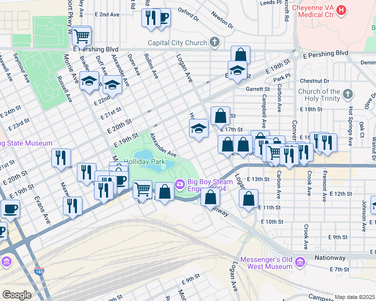 map of restaurants, bars, coffee shops, grocery stores, and more near 1416 East 16th Street in Cheyenne