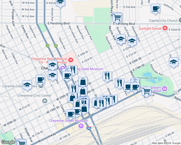 map of restaurants, bars, coffee shops, grocery stores, and more near 2016 Van Lennen Avenue in Cheyenne