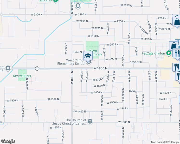 map of restaurants, bars, coffee shops, grocery stores, and more near 2813 West 1750 North in Clinton