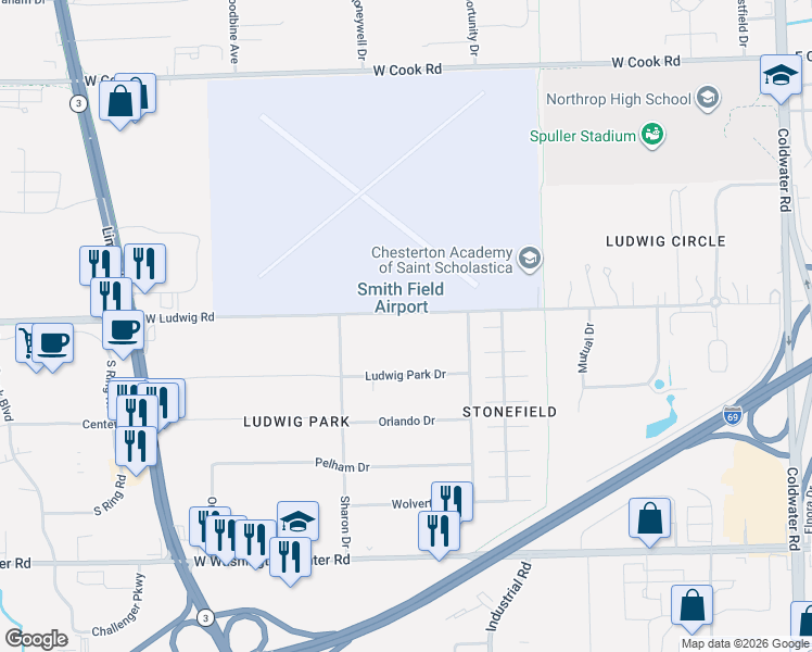 map of restaurants, bars, coffee shops, grocery stores, and more near 917 West Ludwig Road in Fort Wayne