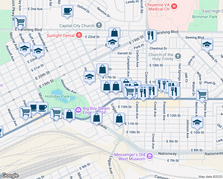 map of restaurants, bars, coffee shops, grocery stores, and more near 1915 East 15th Street in Cheyenne