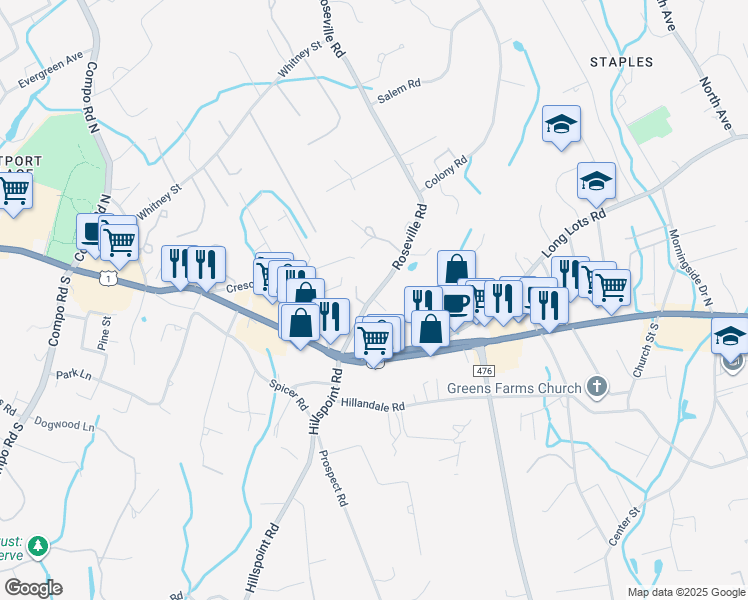 map of restaurants, bars, coffee shops, grocery stores, and more near 30 Roseville Road in Westport